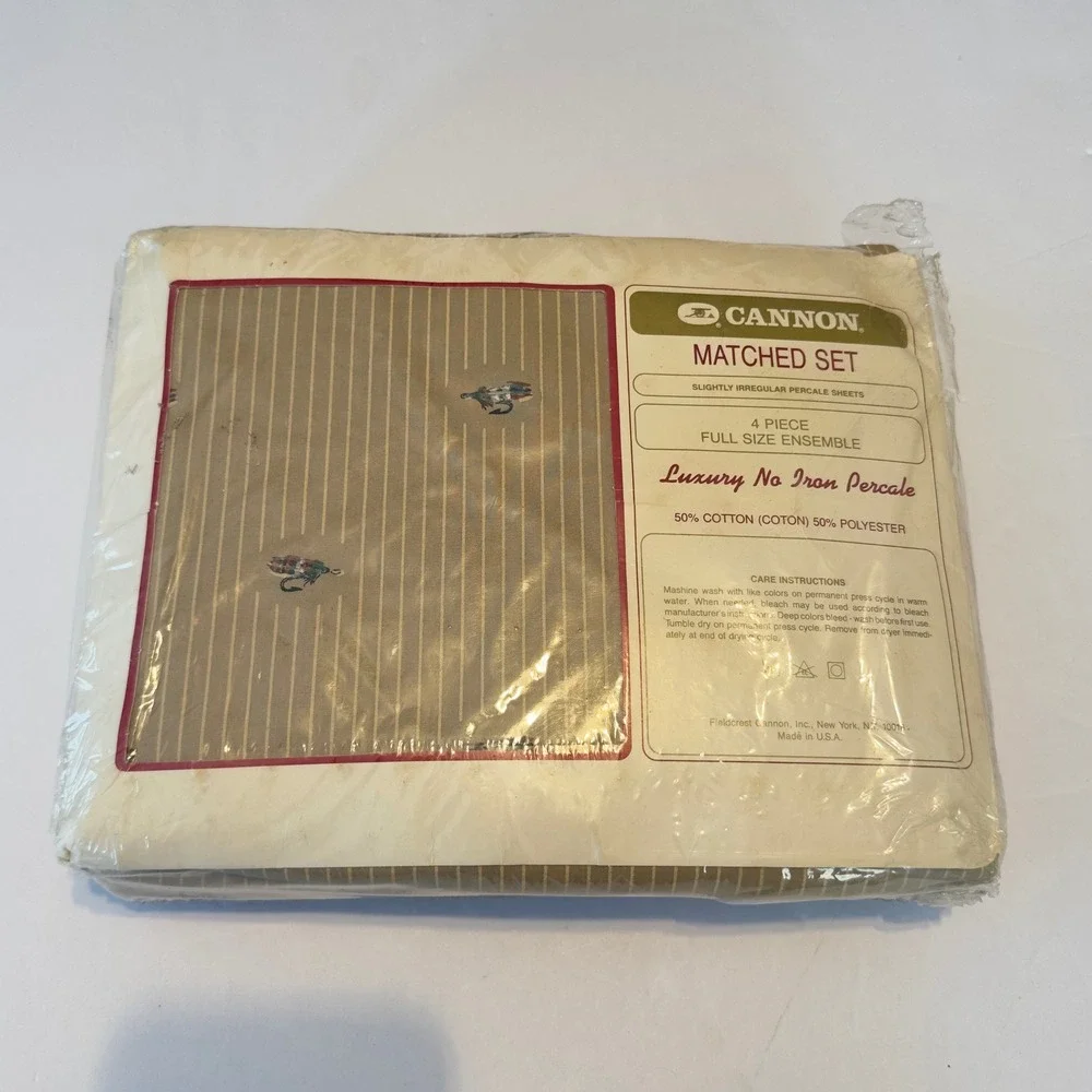 Vintage Cannon Full Sheet Set Fly Fishing Lures Percale 4pc Tan Blue Made in USA